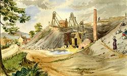 An ironstone pit in Madeley Wood, 1847. Painted by Warrington Smyth (1817 – 1890), a mining geologist, this is the earliest known illustration of women working at a Shropshire mine. [1992.9785] 