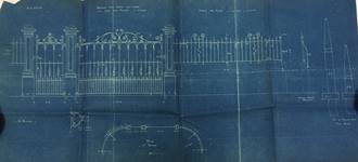 Wrought Iron Gates (Self Closing) with Cast Iron Pillars, blueprint, Coalbrookdale Company, 1906. For the client T. L. Harding & Sons, Ironfounders, Torquay. [2022.16/A6] 