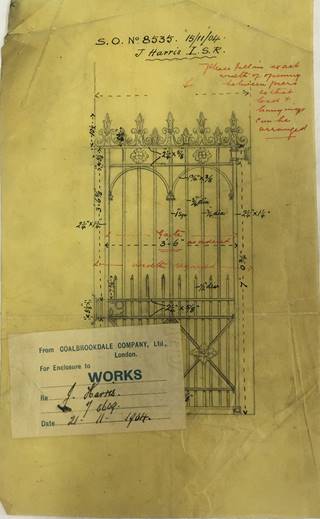 Architectural plan for a gate with red pen notations.