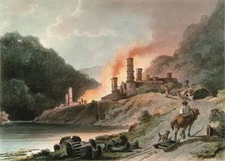 Landscape showing in the foreground a river on the left and a road rising up to the right. A man riding a horse away from the viewer pulls a sledge, whilst a small dog walks alongside them. Parts of engines line the road. The road leads to blast furnaces with many chimneys smoking. The glow of a fire comes from the blast furnaces. Trees border the river and the furnaces.