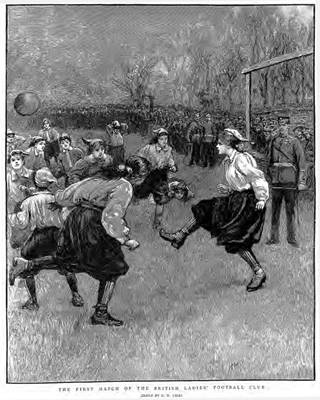 A black and white sketch showing a woman in voluminous breeches and blouse kicking a football towards a group of women in a similar football kit.