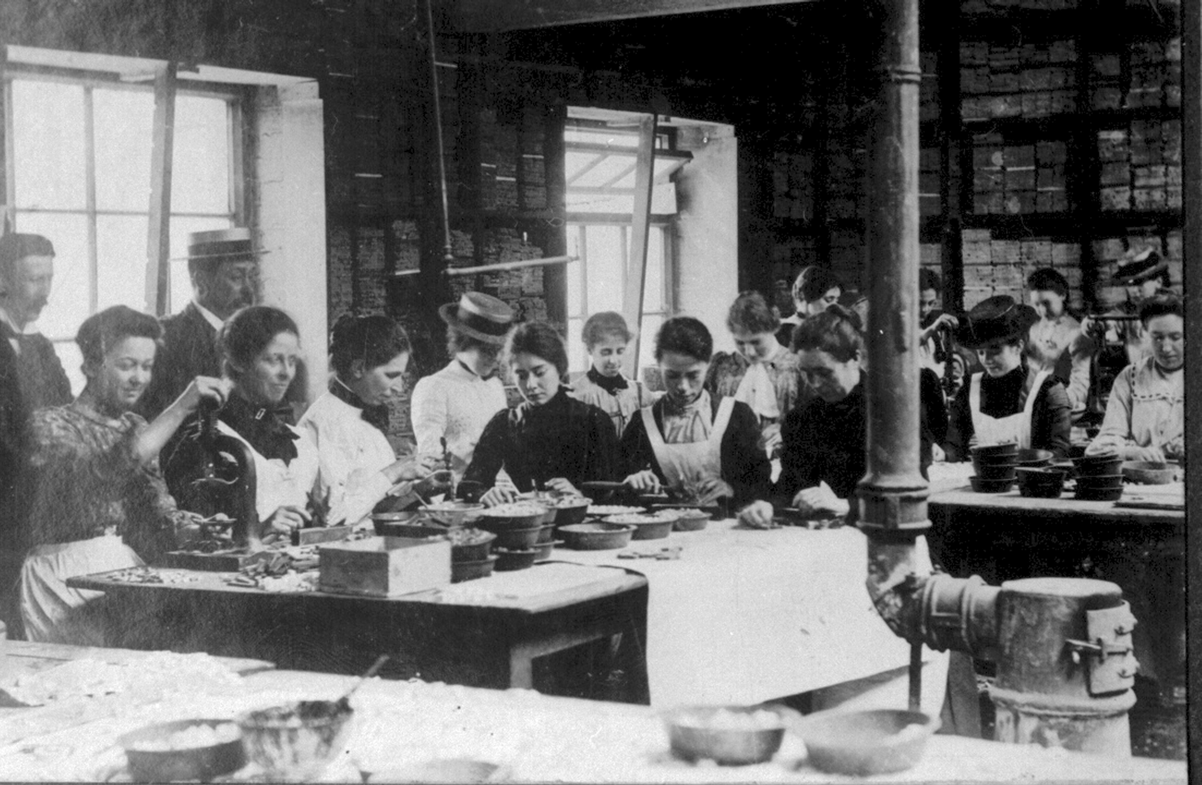 Workers making mosaics at Craven Dunnill & Co. Works, c.1901-1905.