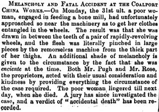 Newspaper Article relating to a fatal accident at Coalport China Works, 1855.