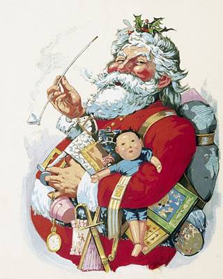 A traditional looking Santa in red with a big white beard and moustache. His cheeks are rosey and he has a sprig of holly in his white hait. He is smoking a long clay tobacco pipe and he is holding a wide range of toys in his arms.