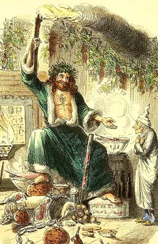 Depiction of the Ghost of Christmas Past from Charles Dicken's A Christmas Carol. The Ghost is about twice the height of a human and sits on a large pile of food. He is wearing a green robe with white fur trimming and a crown of evergreens on his head. He is holding a burning torch in one hand, is smiling and holding his other hand out to a smiling Scrooge.