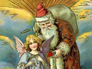 A Victorian image of Father Christmas in a red robe trimmed with white fur passing a small red heart to a child sized angel with blonde curly hair