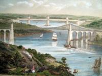 Coloured lithograph depicting the Menai Suspension Bridge and Britannia Tubular Bridges.