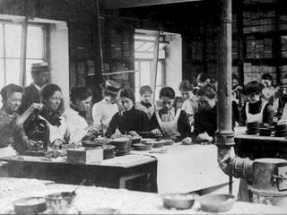 Women working inside a mosaic room at Craven Dunnill Tile Works, Jackfield, 1900 - 1905