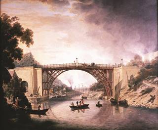 View of the Iron Bridge with people boating on the River Severn in the foreground and industrial works visible in the background