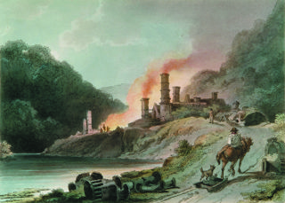 A painting which depicts working furnaces next to a river in a wooded gorge with a man on a horse pulling good with a dog trailing behind in the foreground.